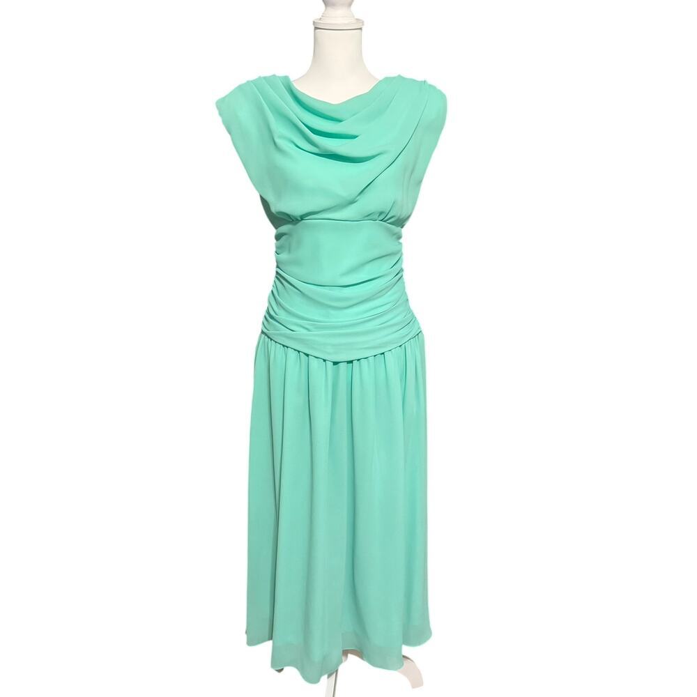 Vintage 80s Mint Green Drape Front Sleeveless Ruched Waist Midi Dress Size 11